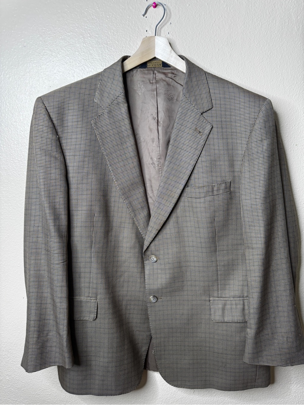 Jos A Bank Signature Gold Mens 46 Short Blazer Brown Silk Wool Houndstooth